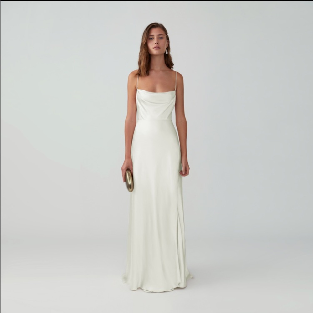 Fame and Partners Strappy Draped Gown size 2, in ivory, matte satin